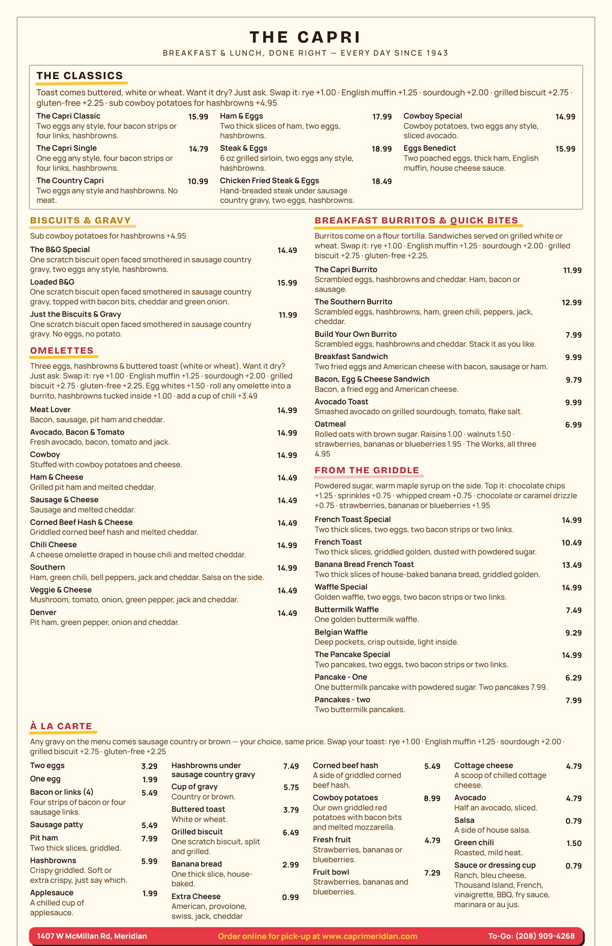 The Capri menu, page 1 — breakfast, omelettes, griddle and a la carte