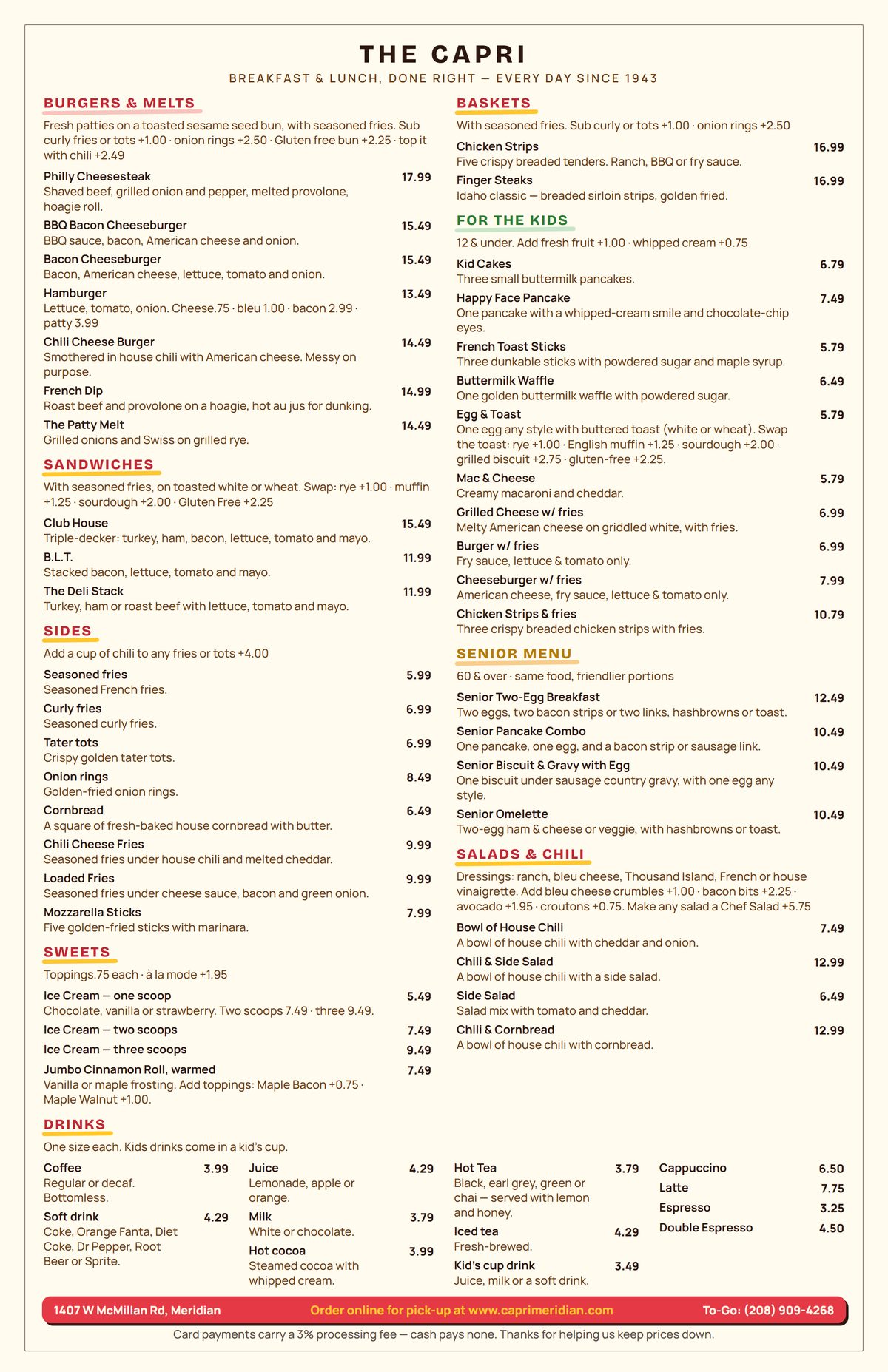 The Capri menu, page 2 — burgers, sandwiches, sides, kids, seniors and drinks